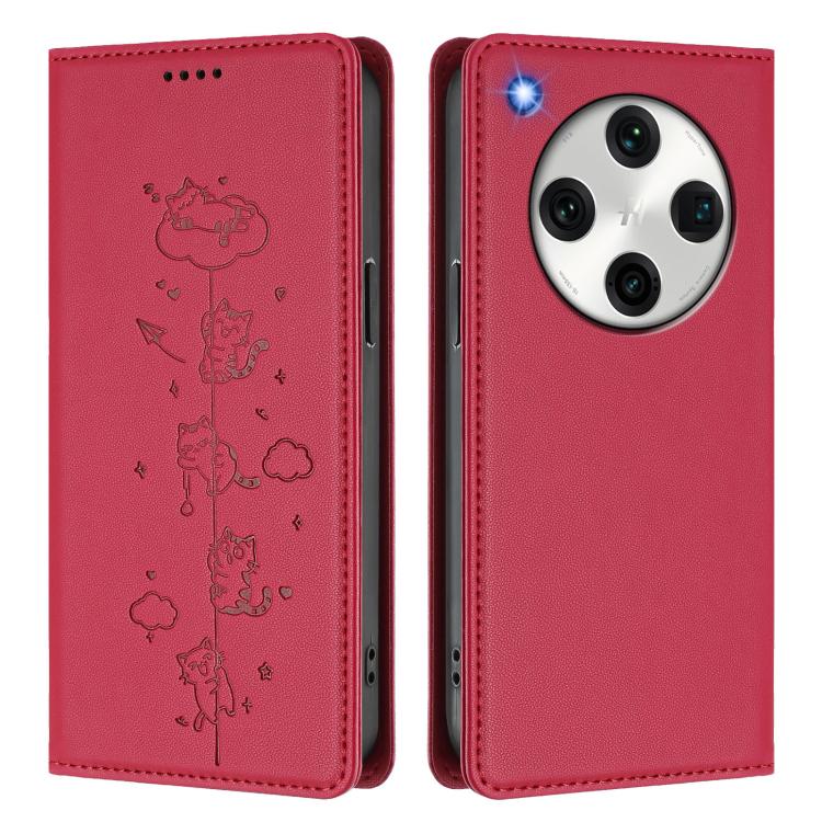 For OPPO Find X8 Pro Cute Cats Embossed Magnetic RFID Vegan Leather Phone Case