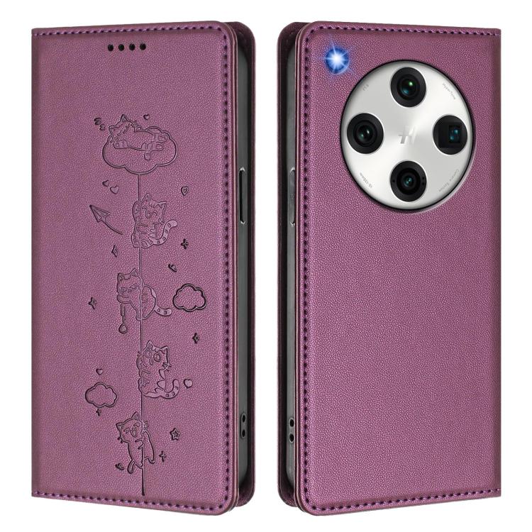 For OPPO Find X8 Pro Cute Cats Embossed Magnetic RFID Vegan Leather Phone Case