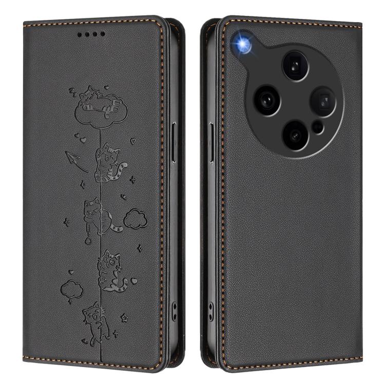 For OPPO Find X8 Ultra Cute Cats Embossed Magnetic RFID Vegan Leather Phone Case