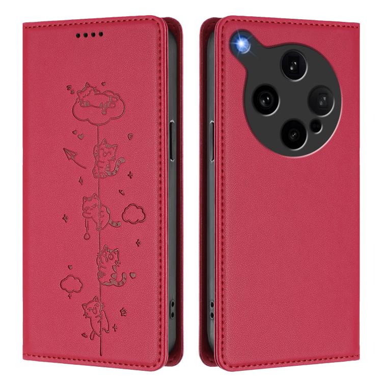 For OPPO Find X8 Ultra Cute Cats Embossed Magnetic RFID Vegan Leather Phone Case