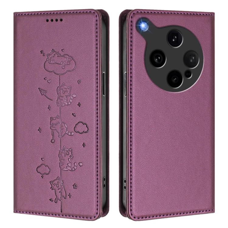 For OPPO Find X8 Ultra Cute Cats Embossed Magnetic RFID Vegan Leather Phone Case