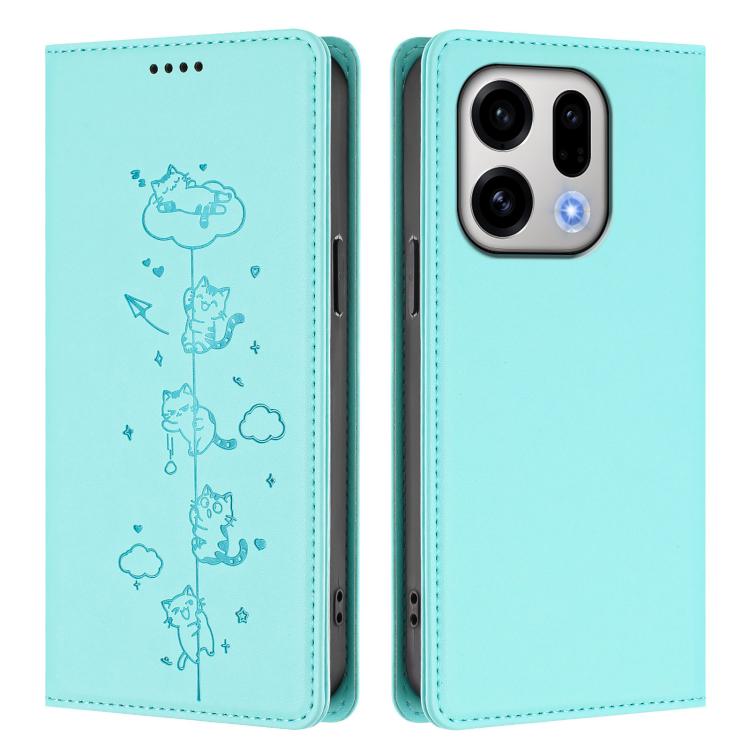 For OPPO Find X9 Cute Cats Embossed Magnetic RFID Vegan Leather Phone Case