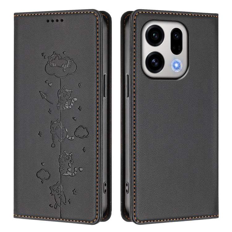 For OPPO Find X9 Cute Cats Embossed Magnetic RFID Vegan Leather Phone Case