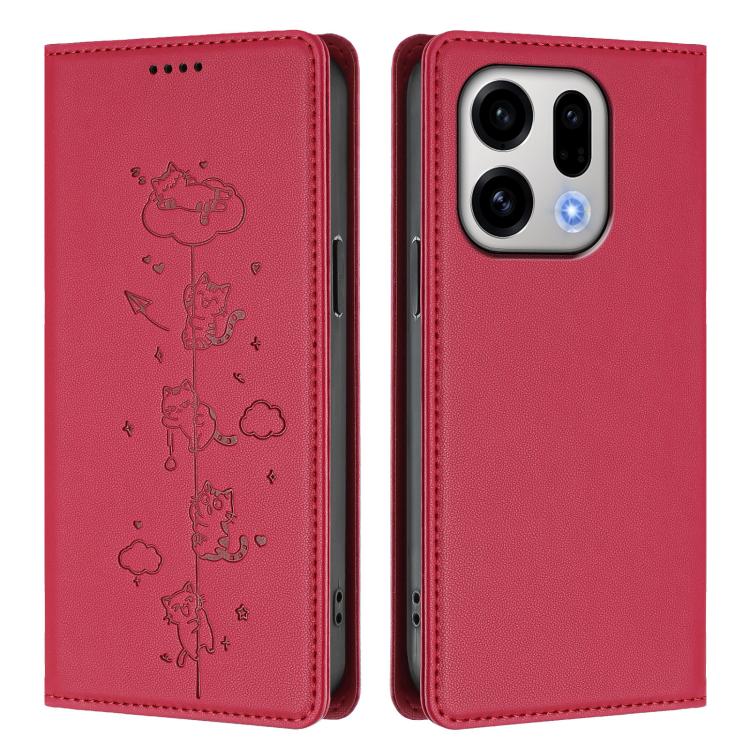 For OPPO Find X9 Cute Cats Embossed Magnetic RFID Vegan Leather Phone Case