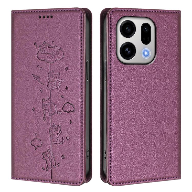 For OPPO Find X9 Cute Cats Embossed Magnetic RFID Vegan Leather Phone Case