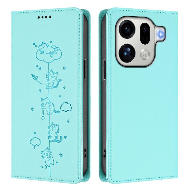 For OPPO Find X9 Pro Cute Cats Embossed Magnetic RFID Vegan Leather Phone Case
