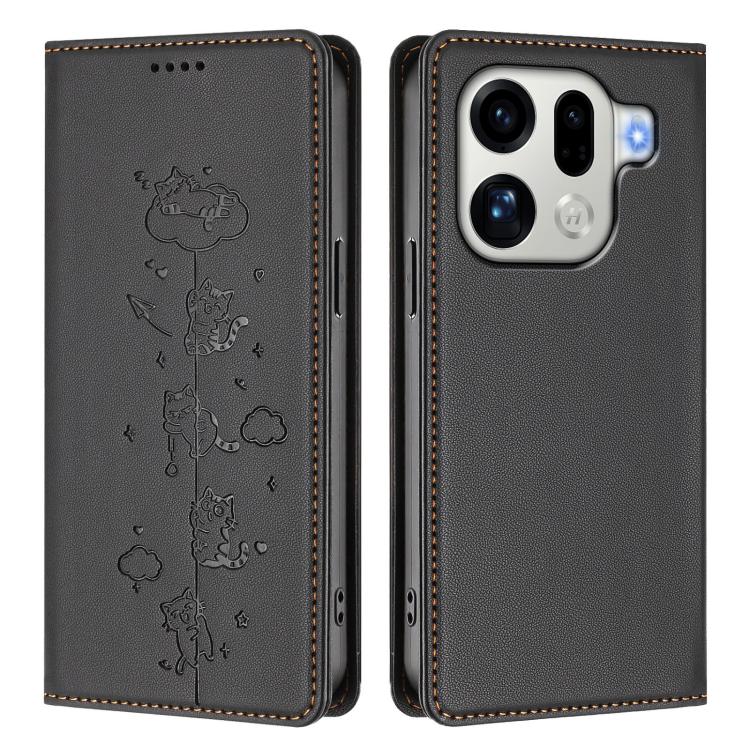 For OPPO Find X9 Pro Cute Cats Embossed Magnetic RFID Vegan Leather Phone Case