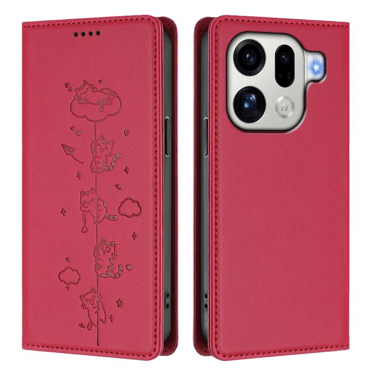 For OPPO Find X9 Pro Cute Cats Embossed Magnetic RFID Vegan Leather Phone Case
