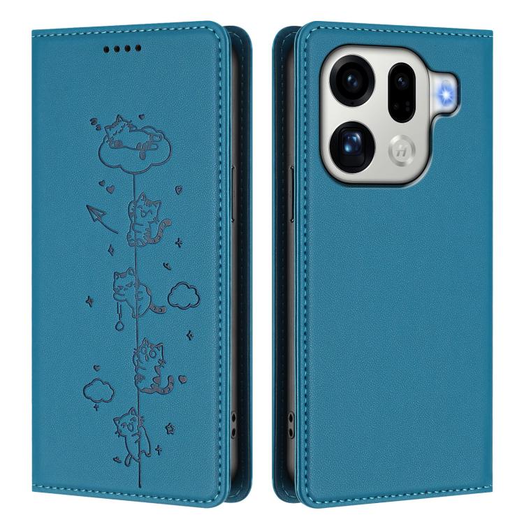 For OPPO Find X9 Pro Cute Cats Embossed Magnetic RFID Vegan Leather Phone Case