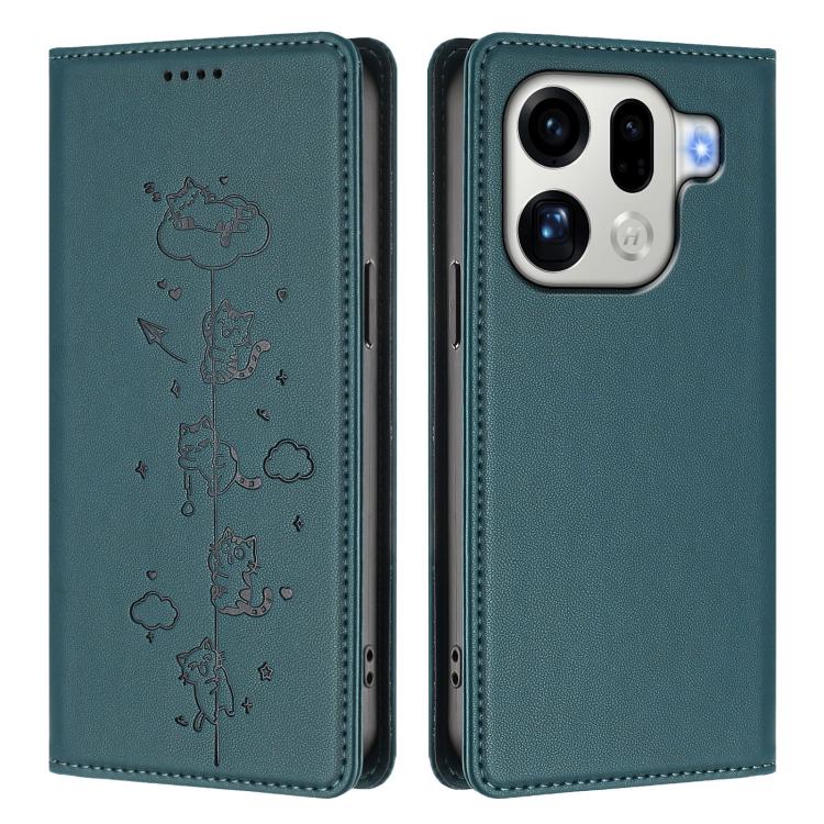 For OPPO Find X9 Pro Cute Cats Embossed Magnetic RFID Vegan Leather Phone Case