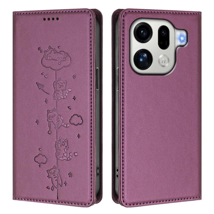 For OPPO Find X9 Pro Cute Cats Embossed Magnetic RFID Vegan Leather Phone Case