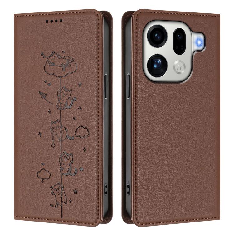 For OPPO Find X9 Pro Cute Cats Embossed Magnetic RFID Vegan Leather Phone Case