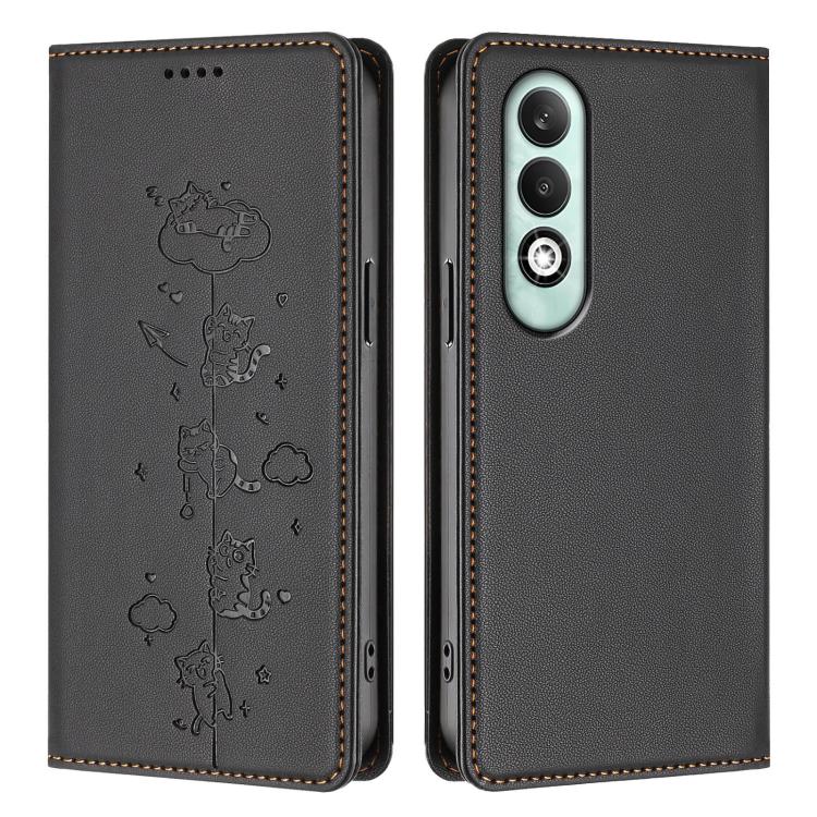 For OPPO K12x 5G Global Cute Cats Embossed Magnetic RFID Vegan Leather Phone Case