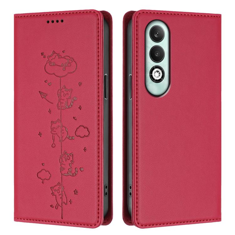 For OPPO K12x 5G Global Cute Cats Embossed Magnetic RFID Vegan Leather Phone Case