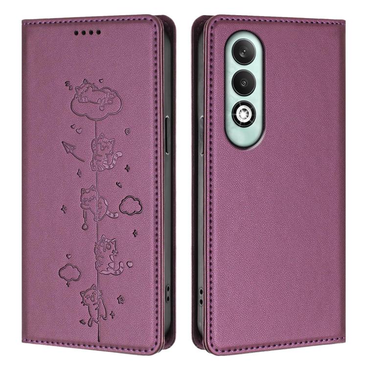 For OPPO K12x 5G Global Cute Cats Embossed Magnetic RFID Vegan Leather Phone Case