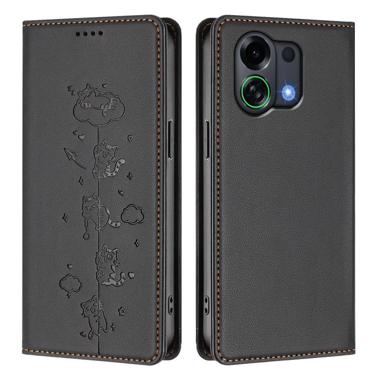 For OPPO K13 Turbo Cute Cats Embossed Magnetic RFID Vegan Leather Phone Case