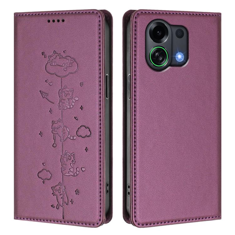 For OPPO K13 Turbo Cute Cats Embossed Magnetic RFID Vegan Leather Phone Case