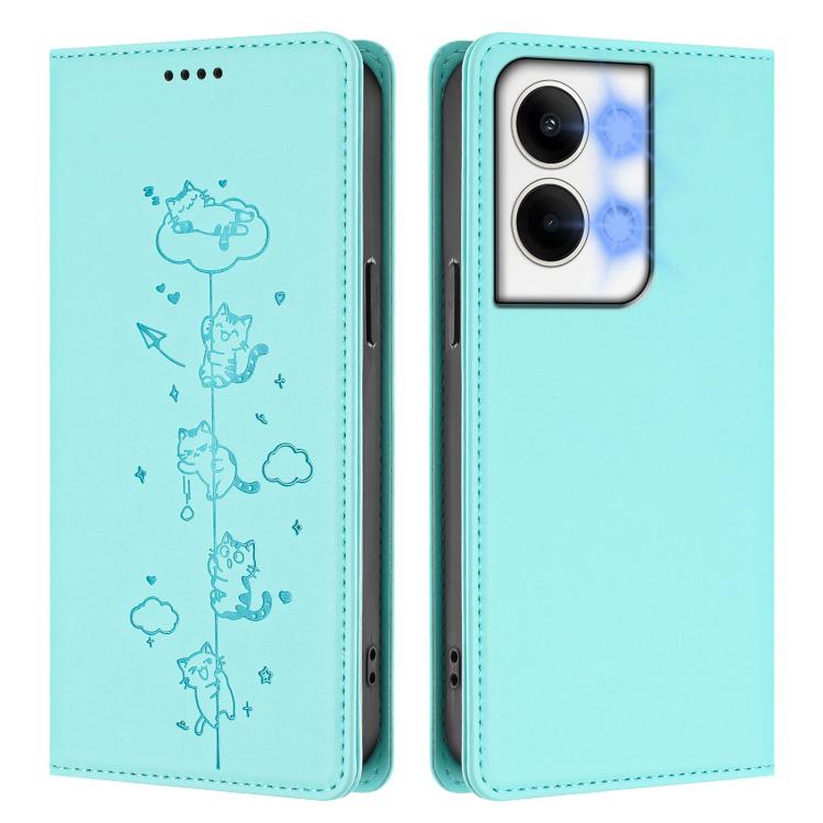 For OPPO Reno9 / Reno9 Pro Cute Cats Embossed Magnetic RFID Vegan Leather Phone Case