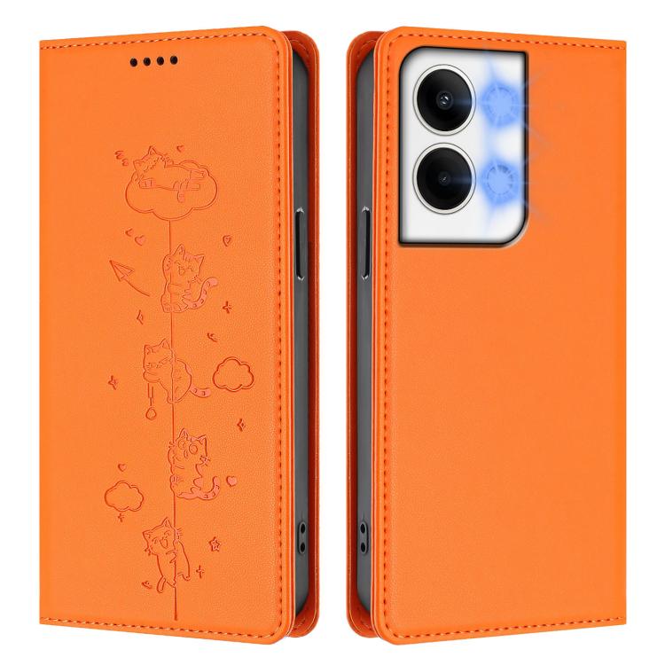 For OPPO Reno9 / Reno9 Pro Cute Cats Embossed Magnetic RFID Vegan Leather Phone Case