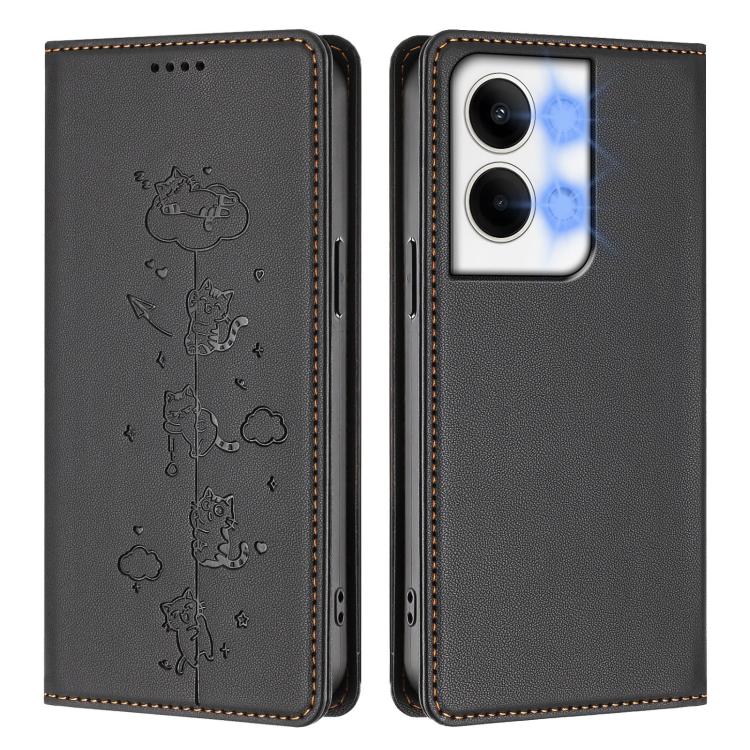 For OPPO Reno9 / Reno9 Pro Cute Cats Embossed Magnetic RFID Vegan Leather Phone Case