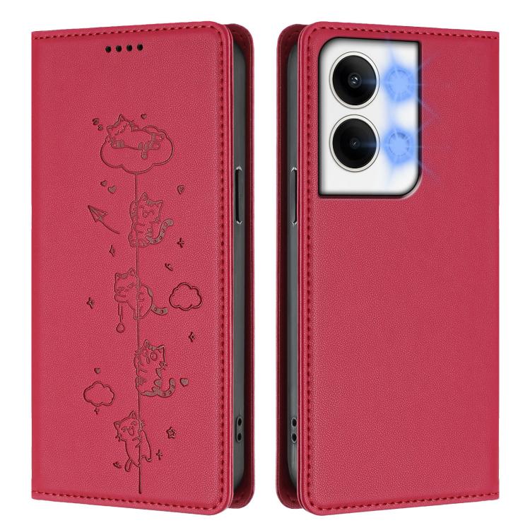 For OPPO Reno9 / Reno9 Pro Cute Cats Embossed Magnetic RFID Vegan Leather Phone Case