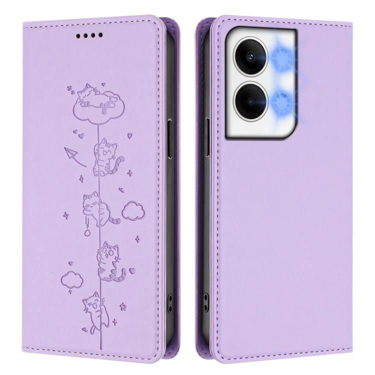 For OPPO Reno9 / Reno9 Pro Cute Cats Embossed Magnetic RFID Vegan Leather Phone Case