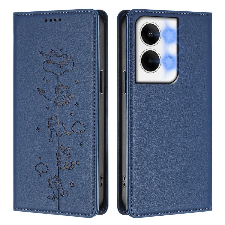For OPPO Reno9 / Reno9 Pro Cute Cats Embossed Magnetic RFID Vegan Leather Phone Case