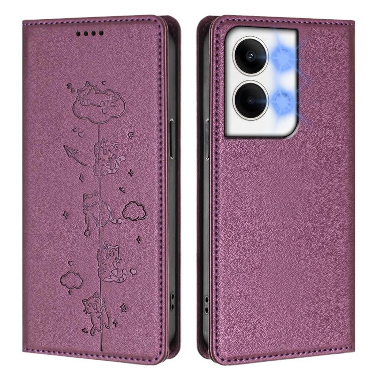 For OPPO Reno9 / Reno9 Pro Cute Cats Embossed Magnetic RFID Vegan Leather Phone Case