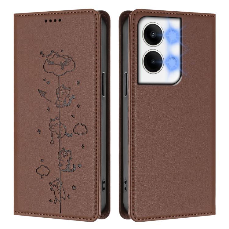 For OPPO Reno9 / Reno9 Pro Cute Cats Embossed Magnetic RFID Vegan Leather Phone Case