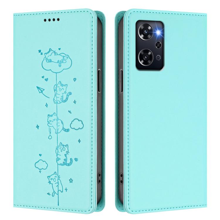 For OPPO Reno9 A Cute Cats Embossed Magnetic RFID Vegan Leather Phone Case
