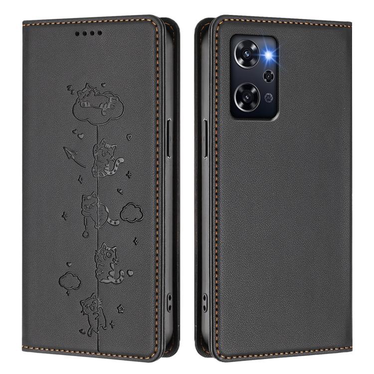 For OPPO Reno9 A Cute Cats Embossed Magnetic RFID Vegan Leather Phone Case
