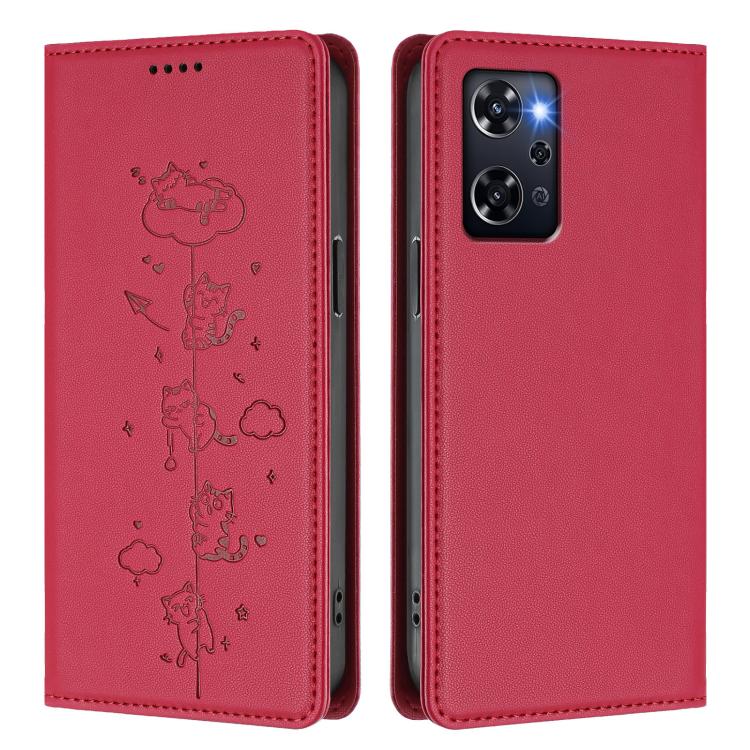 For OPPO Reno9 A Cute Cats Embossed Magnetic RFID Vegan Leather Phone Case