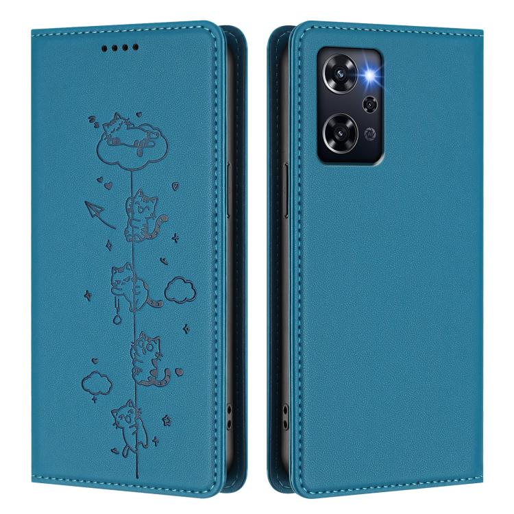 For OPPO Reno9 A Cute Cats Embossed Magnetic RFID Vegan Leather Phone Case