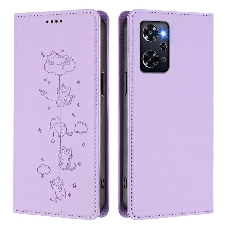 For OPPO Reno9 A Cute Cats Embossed Magnetic RFID Vegan Leather Phone Case