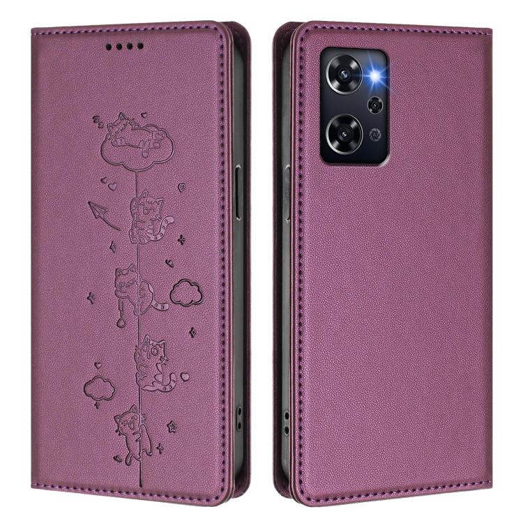 For OPPO Reno9 A Cute Cats Embossed Magnetic RFID Vegan Leather Phone Case