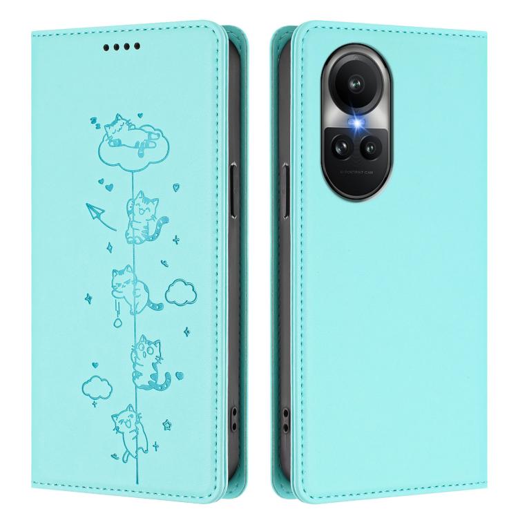 For OPPO Reno10 / Reno10 Pro Global Cute Cats Embossed Magnetic RFID Vegan Leather Phone Case