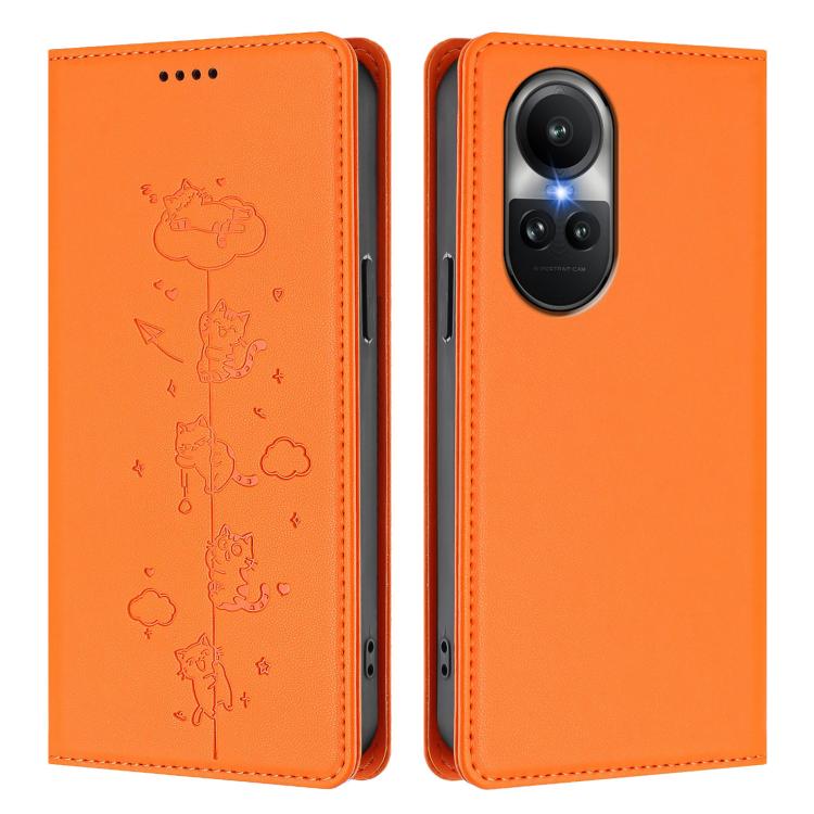 For OPPO Reno10 / Reno10 Pro Global Cute Cats Embossed Magnetic RFID Vegan Leather Phone Case