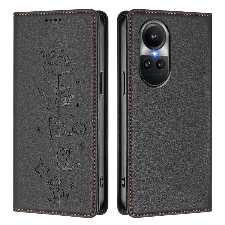 For OPPO Reno10 / Reno10 Pro Global Cute Cats Embossed Magnetic RFID Vegan Leather Phone Case