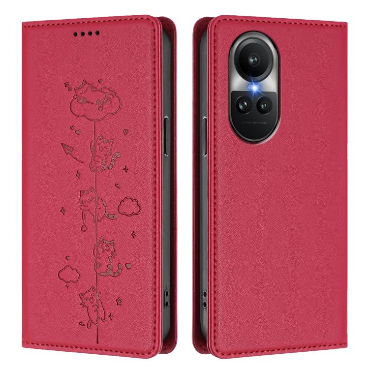 For OPPO Reno10 / Reno10 Pro Global Cute Cats Embossed Magnetic RFID Vegan Leather Phone Case