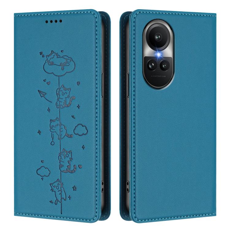 For OPPO Reno10 / Reno10 Pro Global Cute Cats Embossed Magnetic RFID Vegan Leather Phone Case