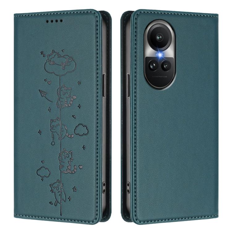 For OPPO Reno10 / Reno10 Pro Global Cute Cats Embossed Magnetic RFID Vegan Leather Phone Case