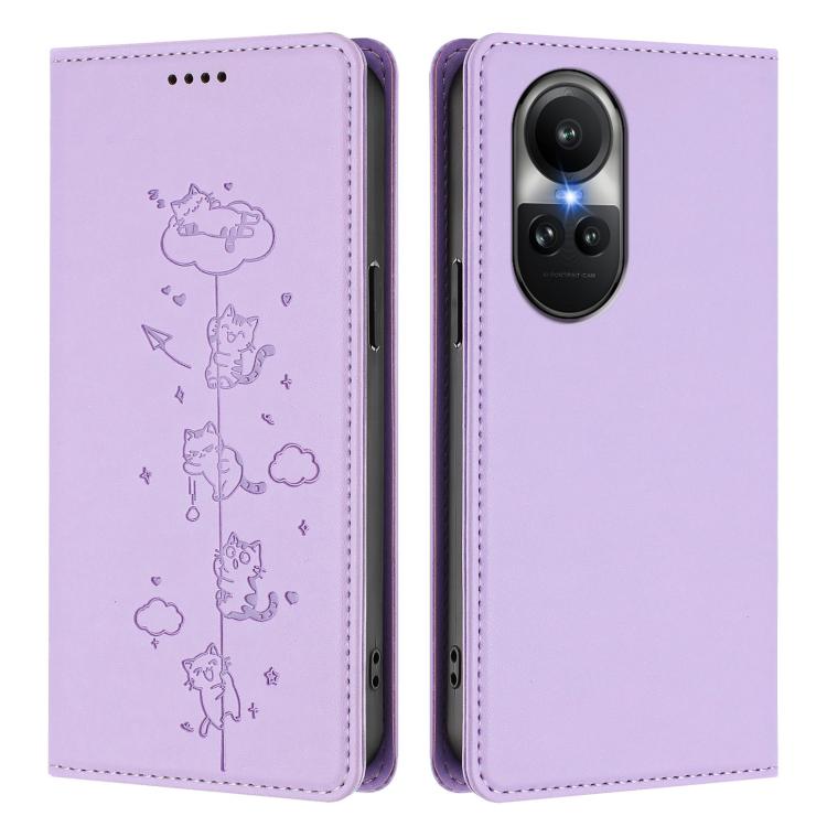 For OPPO Reno10 / Reno10 Pro Global Cute Cats Embossed Magnetic RFID Vegan Leather Phone Case