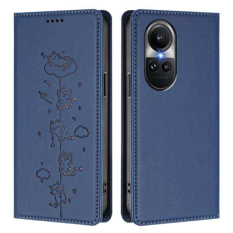 For OPPO Reno10 / Reno10 Pro Global Cute Cats Embossed Magnetic RFID Vegan Leather Phone Case