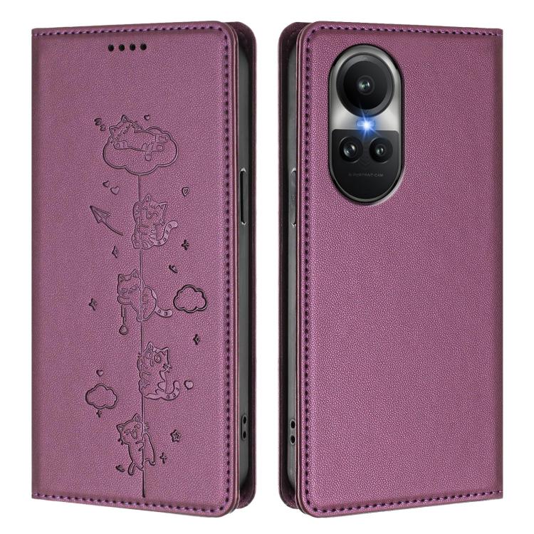 For OPPO Reno10 / Reno10 Pro Global Cute Cats Embossed Magnetic RFID Vegan Leather Phone Case