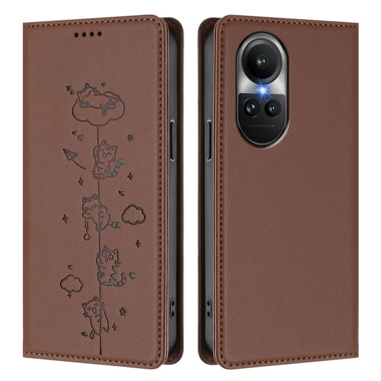 For OPPO Reno10 / Reno10 Pro Global Cute Cats Embossed Magnetic RFID Vegan Leather Phone Case