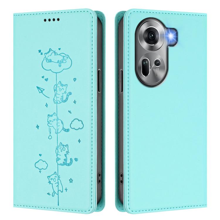 For OPPO Reno11 5G Global Cute Cats Embossed Magnetic RFID Vegan Leather Phone Case