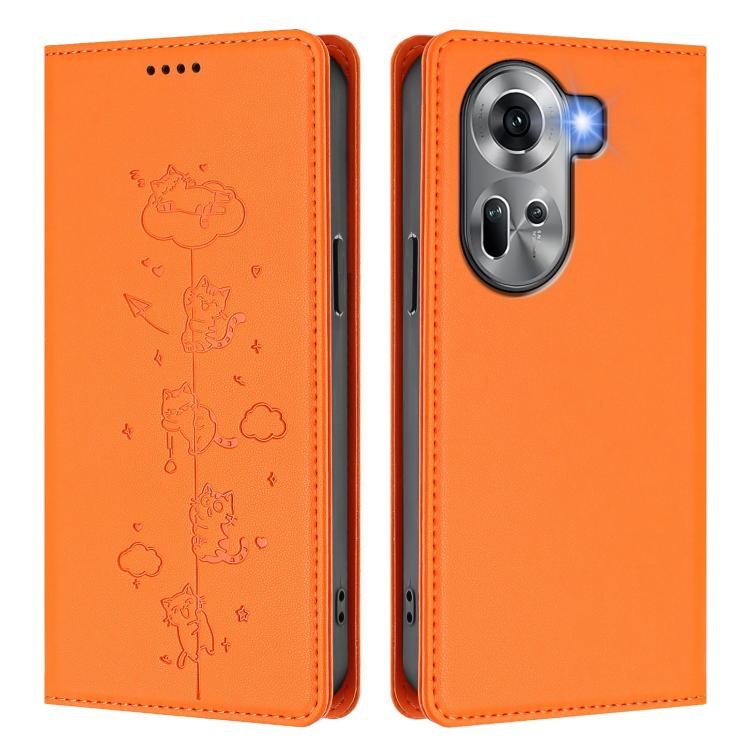For OPPO Reno11 5G Global Cute Cats Embossed Magnetic RFID Vegan Leather Phone Case