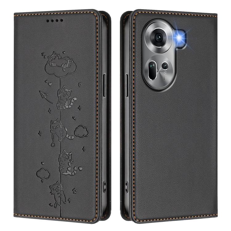 For OPPO Reno11 5G Global Cute Cats Embossed Magnetic RFID Vegan Leather Phone Case