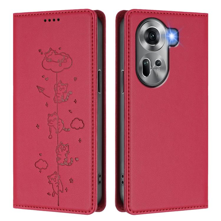 For OPPO Reno11 5G Global Cute Cats Embossed Magnetic RFID Vegan Leather Phone Case