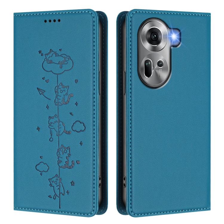For OPPO Reno11 5G Global Cute Cats Embossed Magnetic RFID Vegan Leather Phone Case
